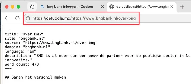 Met defuddle.md voor de URL krijg je een markdown-versie van de pagina, met titel, bron en woordtelling bovenaan
